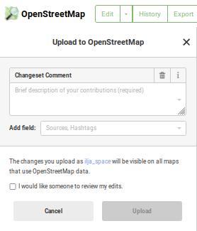 Description field and Upload button in OSM