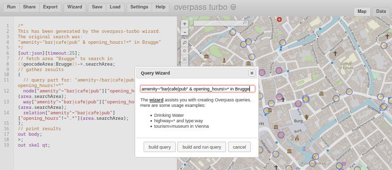 Screenshot of Overpass where we look for bars, cafe’s and pubs in Brugge who don’t have opening hours